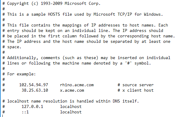 Hosts file text in Notepad