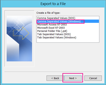 Comma separated values (CSV)