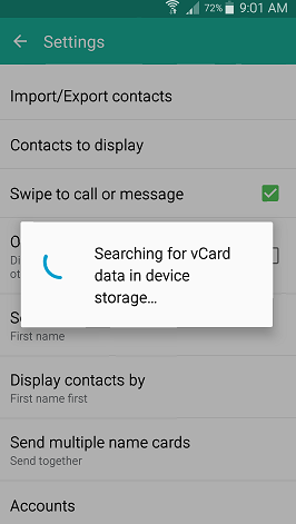 Searching for vCard data in device storage...