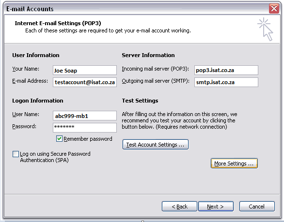 Internet E-mail Settings (POP3)