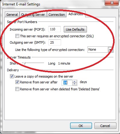 Outgoing Server (SMTP) set to 25