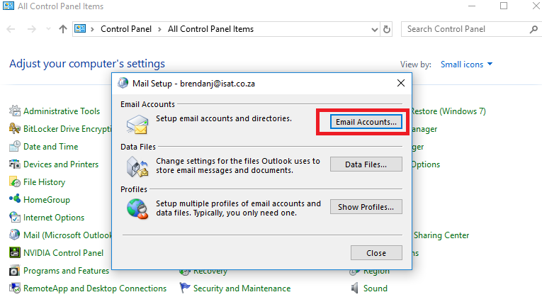 Mailbox Setup Outlook 2016 Via Control Panel