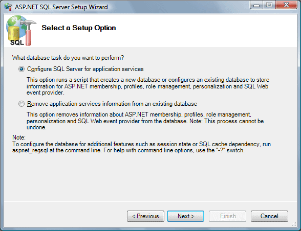 ASP.Net - Select a setup option.