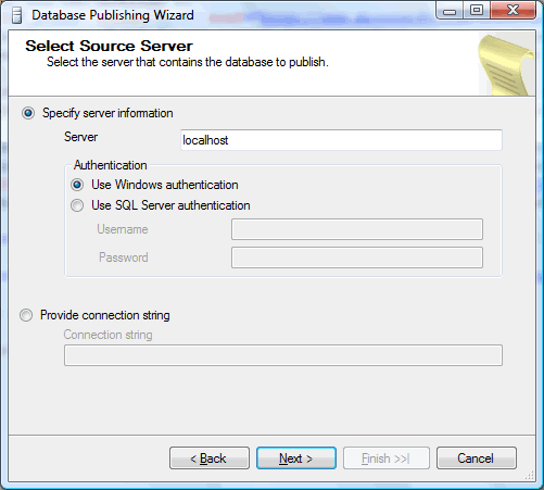 Database Publishing Wizard - Selection Source Server