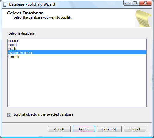 Database Publishing Wizard - Select Database