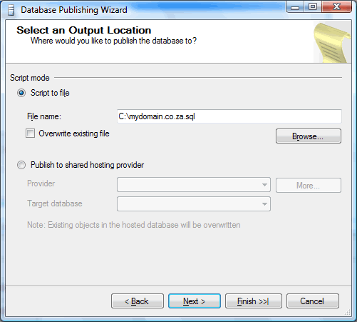 Database Publishing Wizard - Select an Output Location