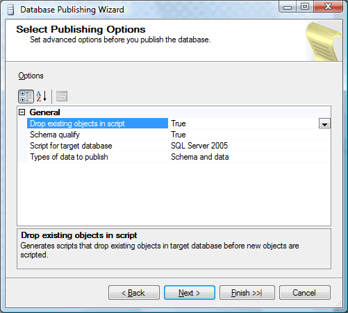 Database Publishing Wizard - Select Publishing Options