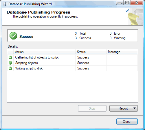 Database Publishing Wizard - Database Publishing Progress - Success